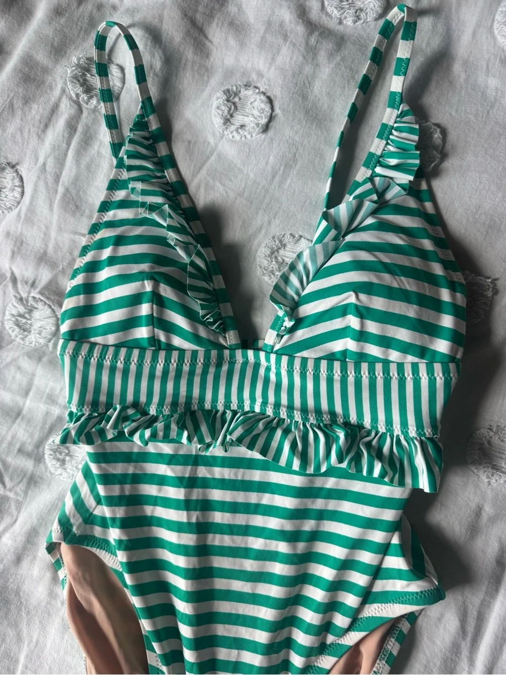 J Crew Ruffle Plunge One-Piece Swimsuit - Green Stripe 2